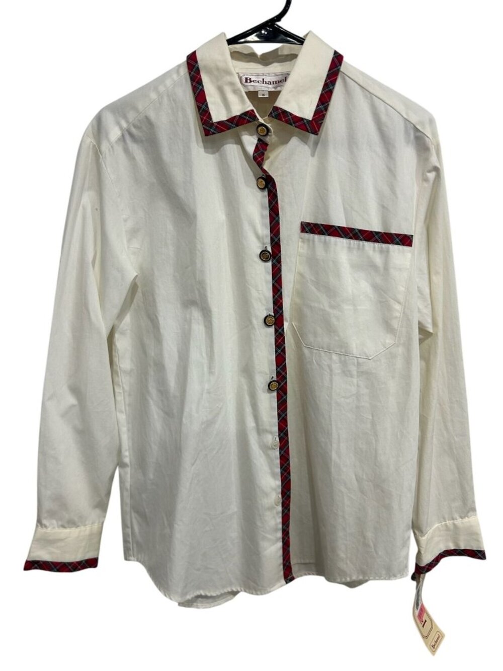 Bechamel Small White Cotton Red Plaid Trim Button-Up Shirt Vintage Preppy NWT